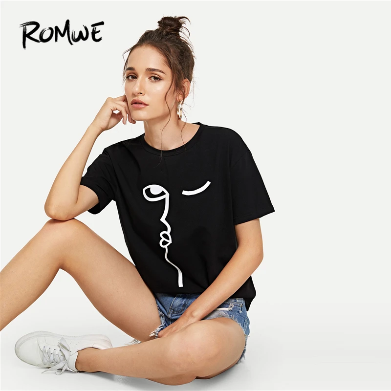 

ROMWE Graphic Print Tee 2019 Swish Summer Comfortable Short Sleeve Women T-shirt Greet Glamorous Female Clothing Tops