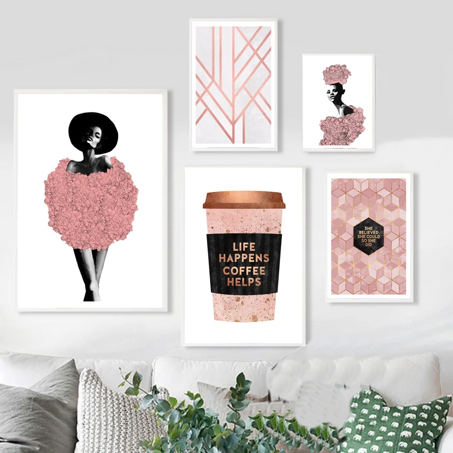 

Art Deco Rose Gold Kate Rose Life Happens Coffee Helps Modern Home Decor Canvas Painting Art Print Wall Picture