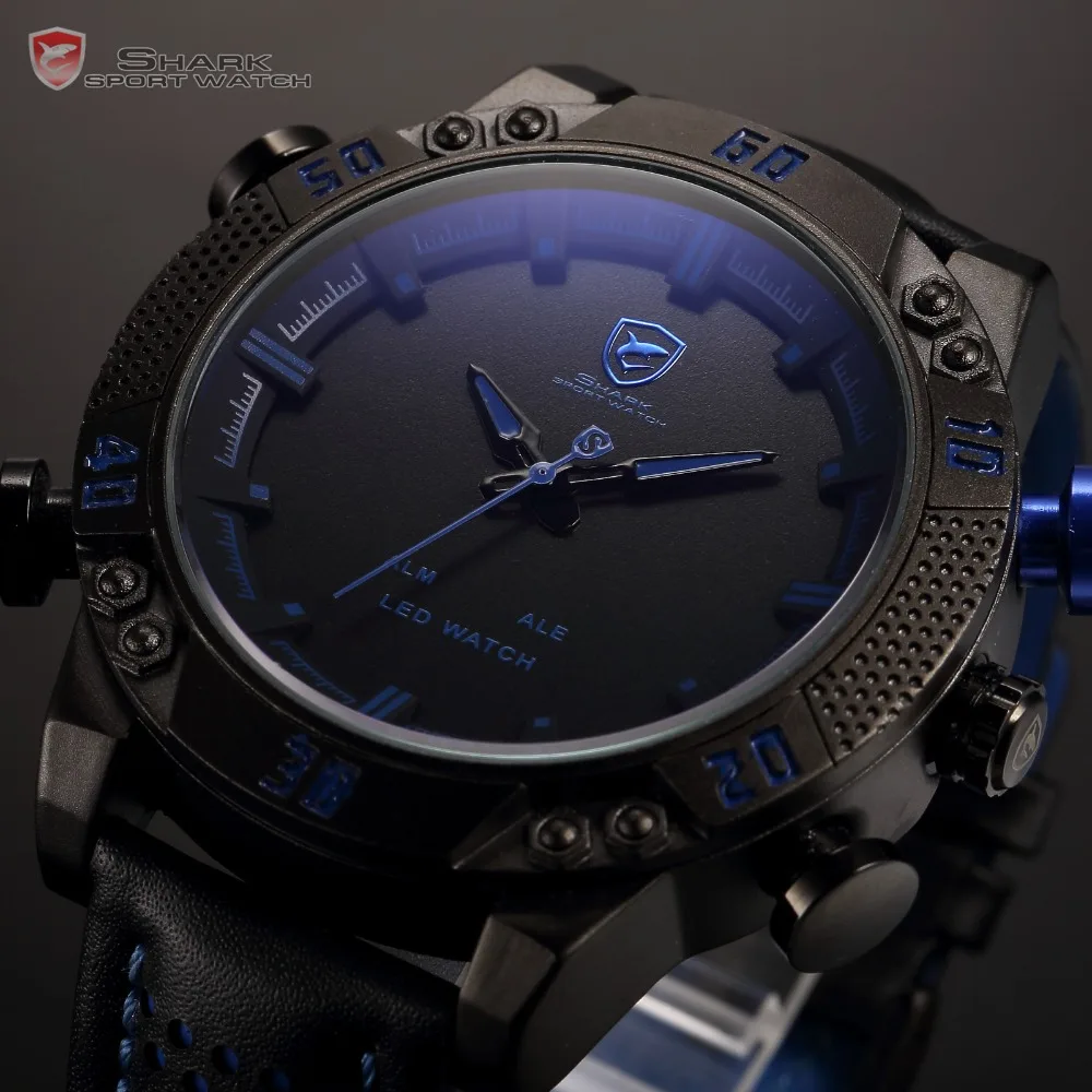 Shark Sport Watch LED Brand Auto Date Alarm Black Blue Dual Time Leather Band Military Quartz Men Digital Clock / SH265
