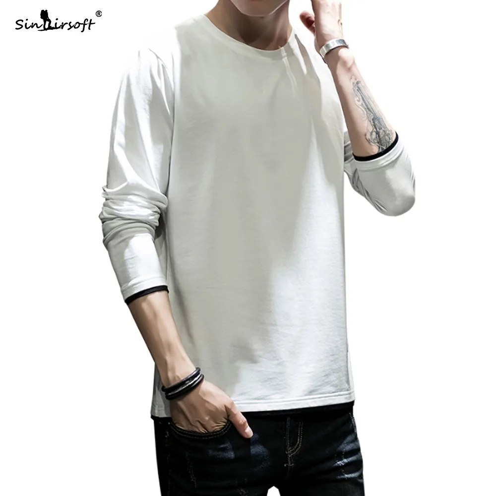 

Men's Pure Color Long Sleeve Casual Patchwork Tshirt Slim O-Neck Cotton Stretch Tees Big Size Autumn Fashion Logo Print Tops New