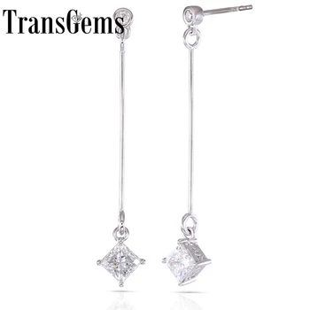 

TransGems Solid 14K White Gold 35mm Length 1CTW Diameter 4.5mm F Color Princess Cut Moissanite Drop Dangle Earrings Push Back