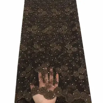

2018 Hot Sale Brown Embroidered African Lace Fabric High Quality With Rhinestone French Net Guipure Lace Fabrics