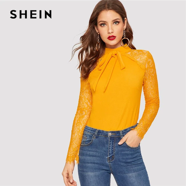 SHEIN Yellow Tie Neck Lace Raglan Sleeve Slim Fitted Top Blouse Women ...