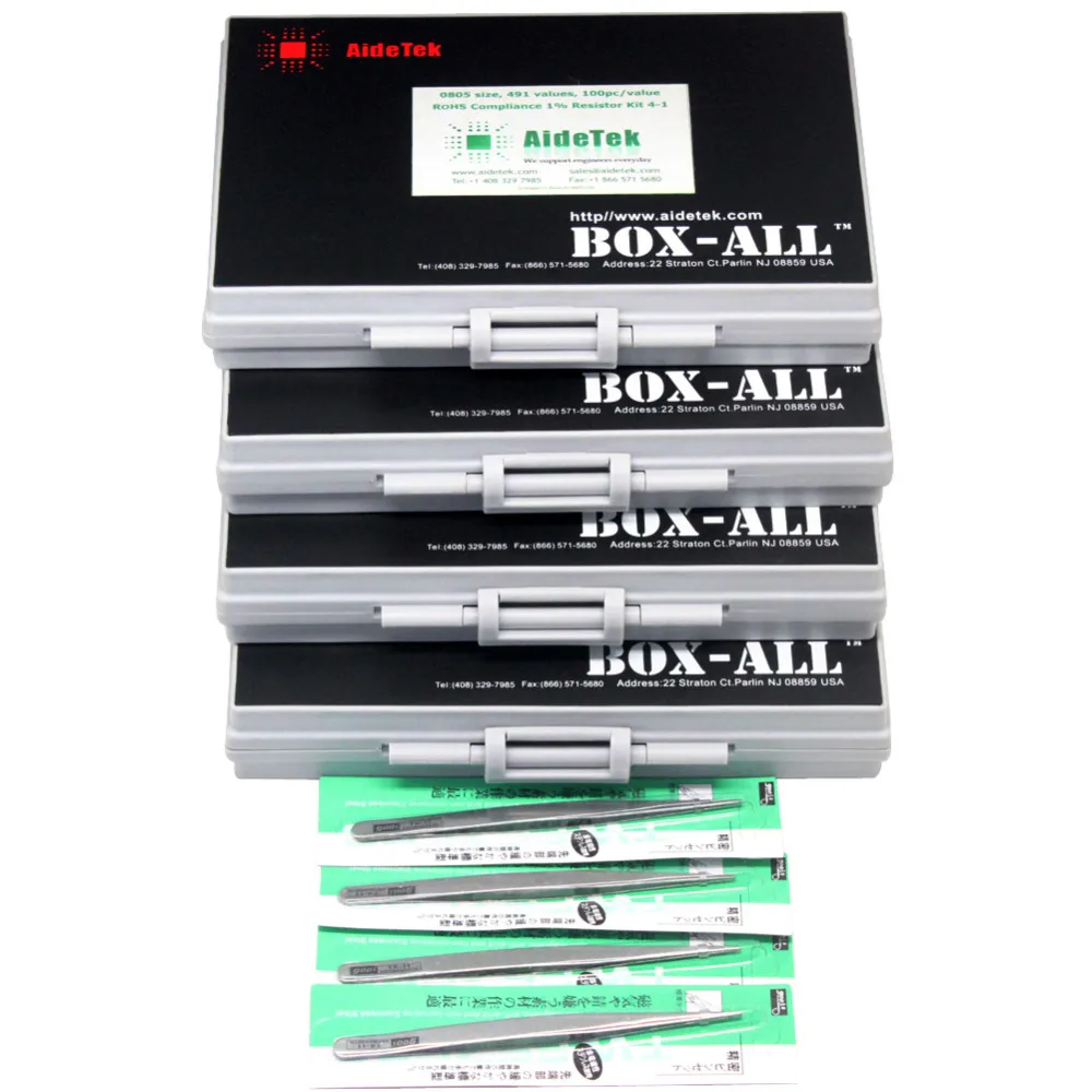 AideTek SMD SMT 0805 1% E96 저항기 키트, 491 값 100 개/값 4 BOX-ALL ROHS 저항기 보관함, 플라스틱 부품 상자 R08E96100