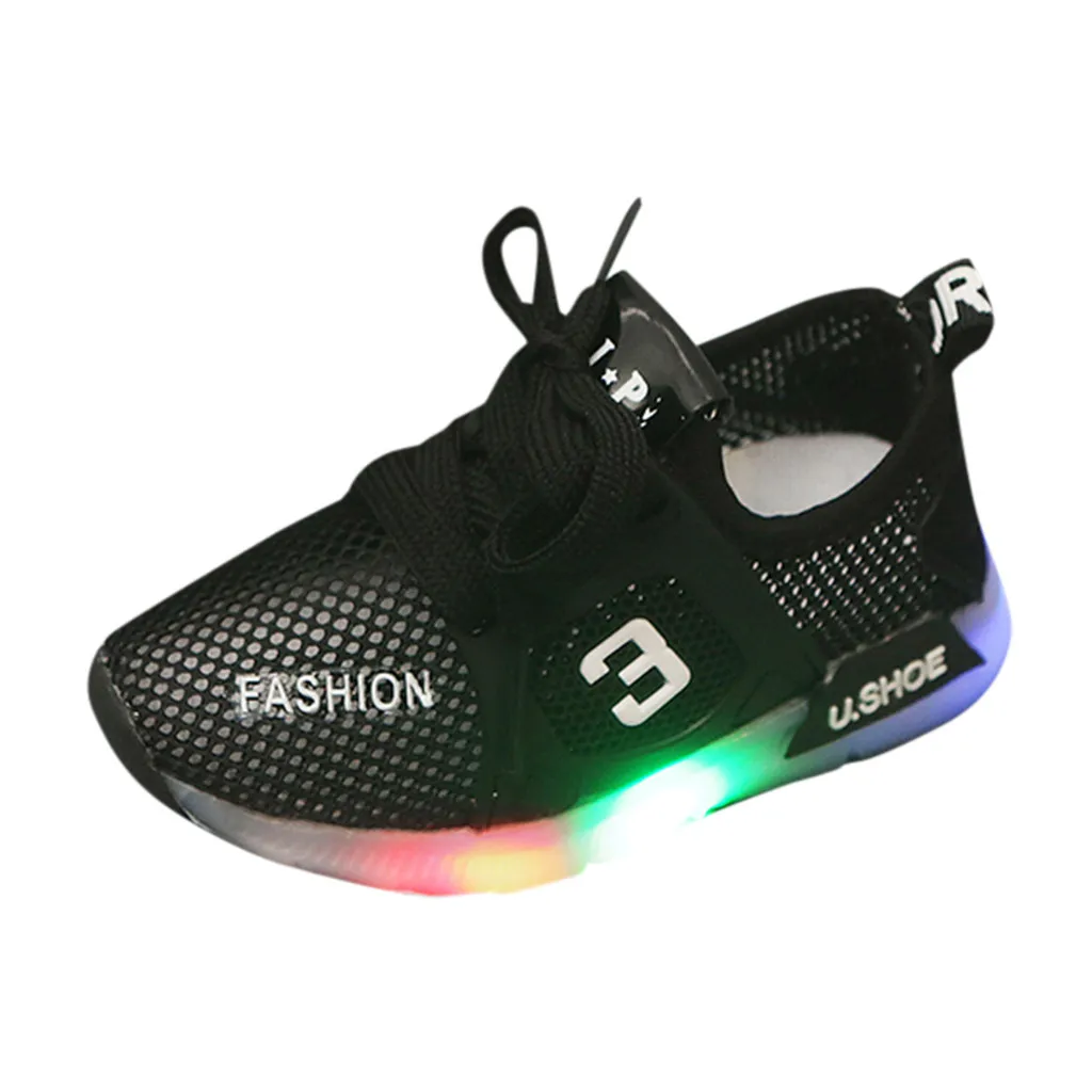 Toddler Kids Baby girls shoes Mesh Breathable LED Luminous Sport Shoes Sneakers shoes with light zapatos deportivos niña#XB30 - Цвет: Черный