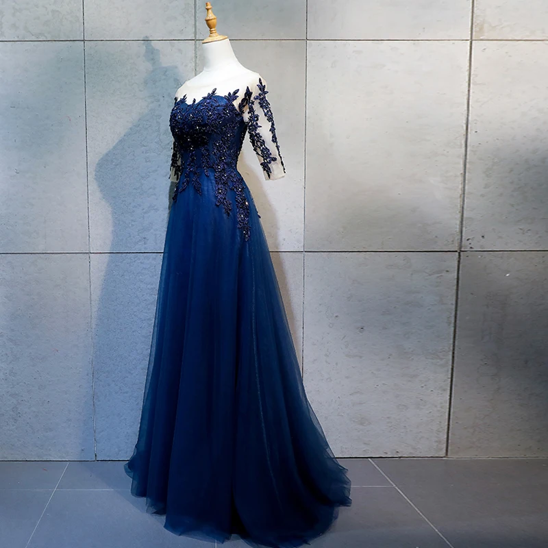 Evening Dresses Long Pretty Sexy Navy Blue O-neck Half Sleeves Beads Lace A-line Sparkle New Formal Party Gowns 2019
