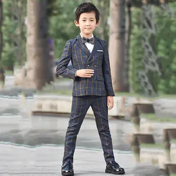 

Kids Boys Suit For Wedding Piano Party Teen Boys Plaid Blazer+Vest+Pant+Shirt+Bowtie 5Pcs Baby Boy Suits Formal Clothes Set Y120