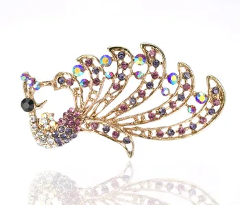 

Trendy Rhinestone Crystal Purple Diamante Large Peacock Brooch Party