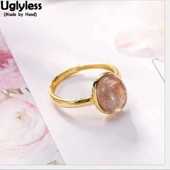 

Uglyless 100% Real 925 Sterling Silver Natural Strawberry Quartz Pink Rings for Women Oval Gemstones Open Ring Gold Plated Jewel