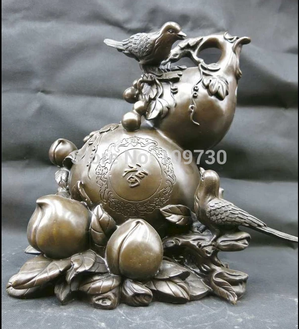 

003067 13' Chinese purple bronze carved pied magpie peach calabash Sculpture Statue