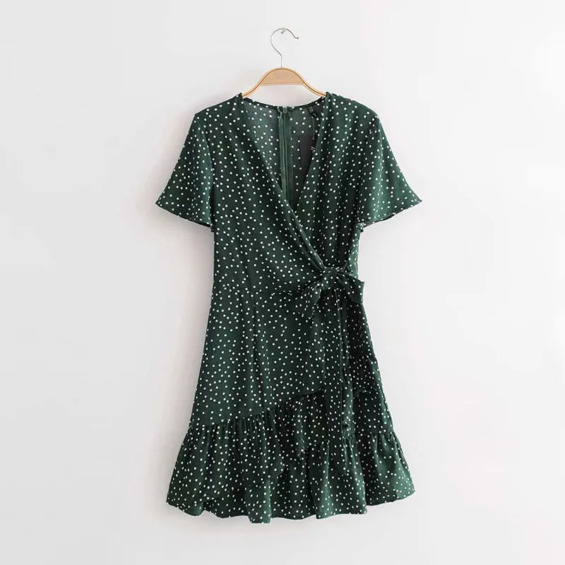 yinlinhe Green Polka Dot Dress Women Short Sleeve V neck Sexy Summer Dress Vintage Elegant Bowknot Ruffles Vestidos     5