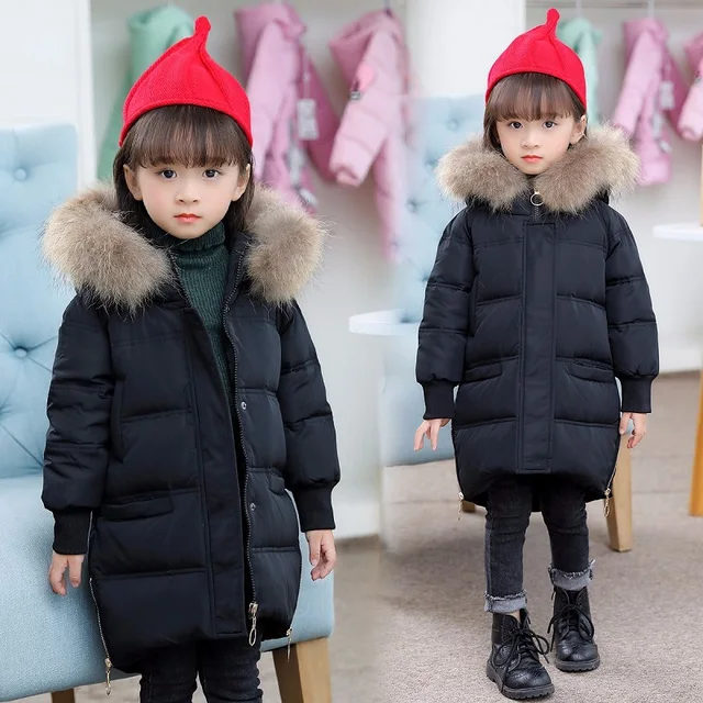 Baby girl down jacket coat winter thick warm fur collar long outerwear
