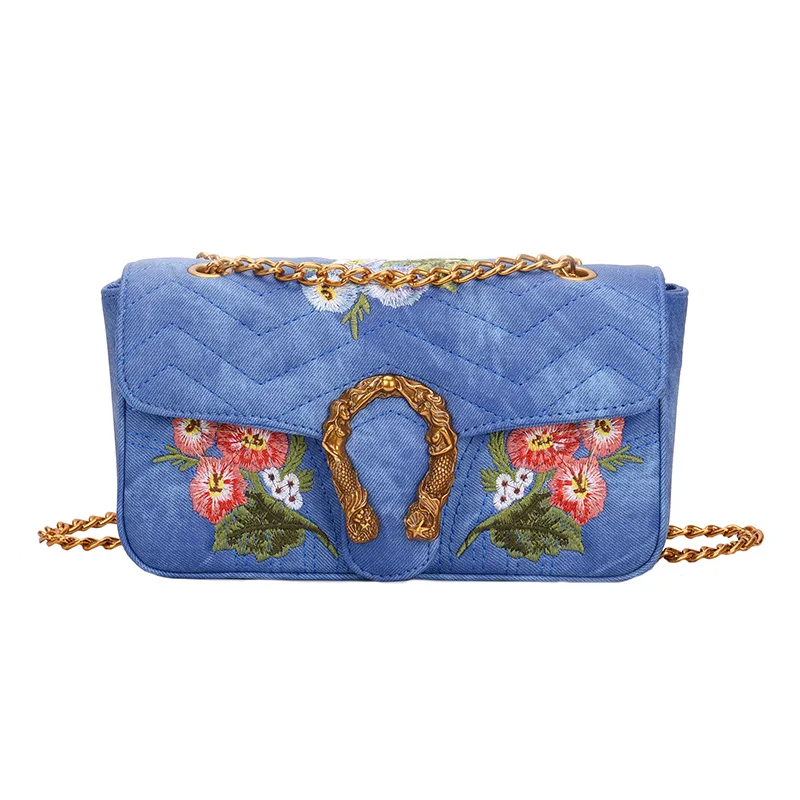 

Luxury Designer Women Embroidery Flower Gold Chain Female Handbag Shoulder Messenger Bag Lday Black Blue Clutch Bag Small Flap