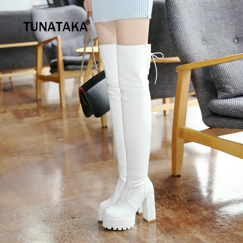 

Women Over The Knee Boots Thick High Heel Boots Platform Pu Leather Zip Lace Up Winter Fashion Ladies Shoes White Black