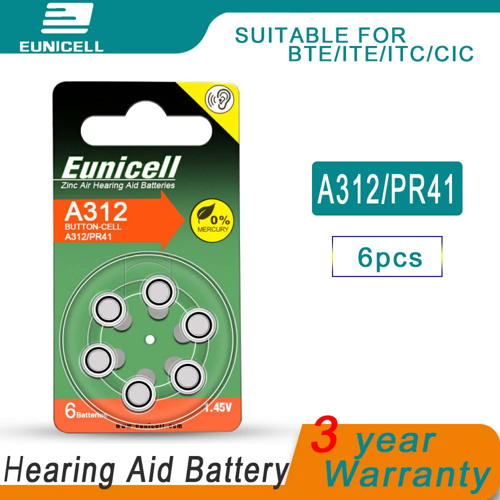 

6 PCS EUNICELL Zinc Air Hearing Aid Batteries A312 312A ZA312 312 PR41 Hearing Aid Battery A312 For Hearing Aid, A312 Battery