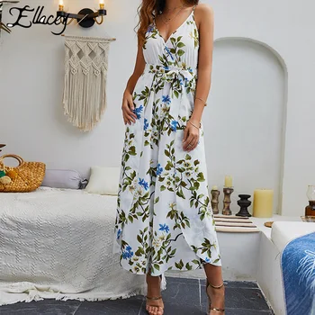 

Ellacey 2019 Summer Floral Print Jumpsuit Spaghetti Strap V-neck Bohemian Overalls for Women Sexy Split Rompers Womens Jumpsuit
