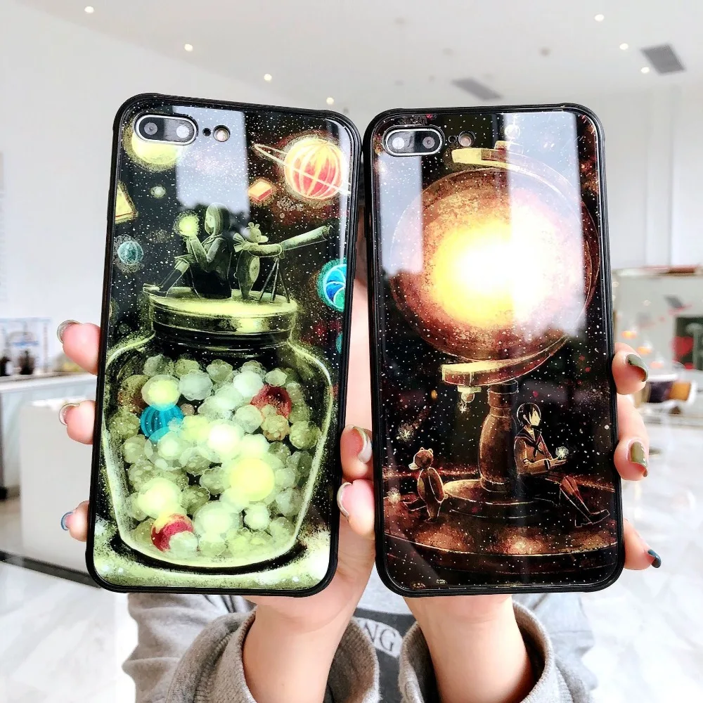 

Luminous Night Glowing Phone Case For Apple iPhone XS MAX XR X 6 6s 7 8 Plus Glass Back Cover Coque DIY Logo Silicone Shell Capa