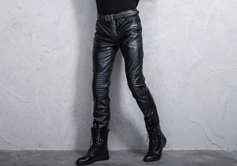Брендовые Роскошные мотоциклетные брюки из натуральной коровьей кожи, мужские черные облегающие теплые байкерские брюки, дизайнерские штаны из натуральной кожи