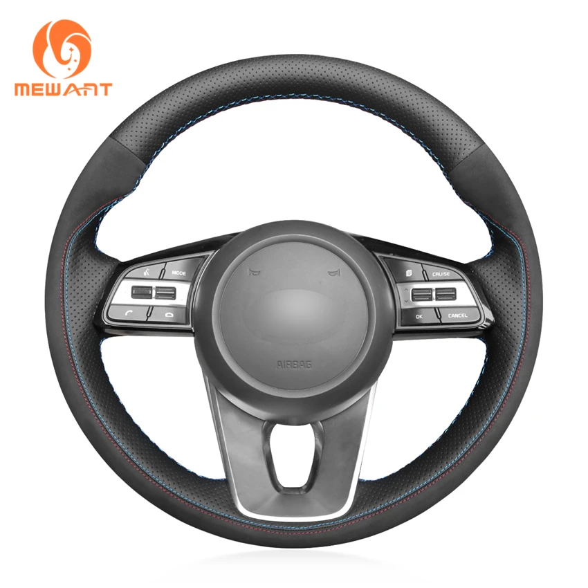 MEWANT Hand stitched Black Genuine Leather Steering Wheel Cover for Kia