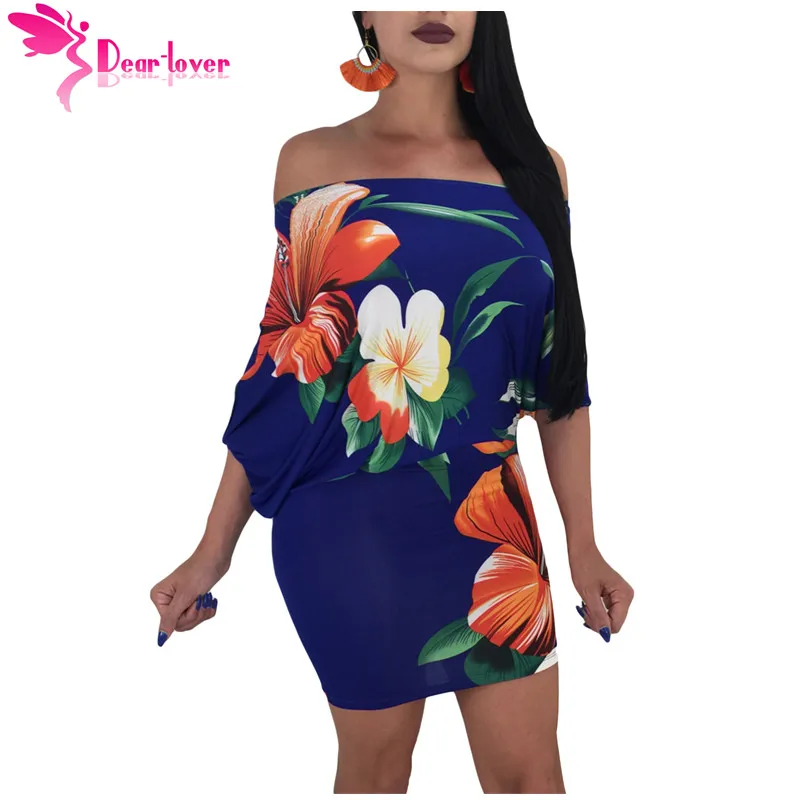 

Dear Lover Sexy Off Shoulder Club Bodycon Vestidos 3/4 Sleeve Batwing Sleeve Skew Neck Royal Blue Floral Ladies Dress LC220329