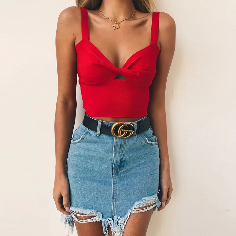 

Tank Top Women New Sale Crop Tops Cropped Women's Free Shipping 2019 Vest Front Chest Opening Knotted Zipper Elastic Camisole