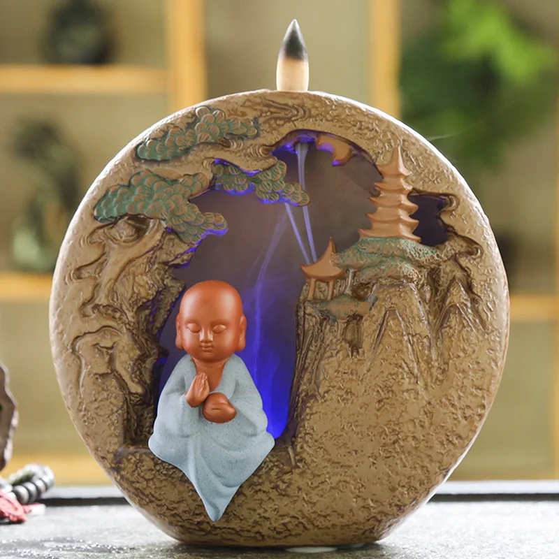 

Backflow Incense Burner Gradient LED Light Little Monk Buddha Incense Holder Home Decor Ceramic Censer + 10Pcs Incense Cones