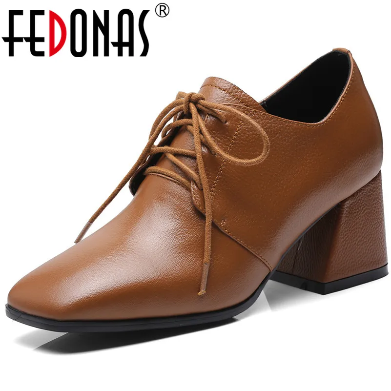 

FEDONAS Fashion Sexy Women Square Heels Spring Summer Corss-tied Office Pumps Genuine Leather High Heels Rome Style Shoes Woman