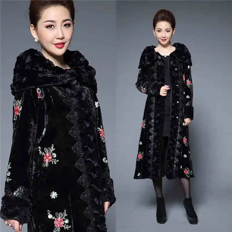 2018 Gamme Haut La Plus Xxxxl Moyen Noir De Femmes Manteau Longue Âge D'hiver Parkas Épaississent Broderie Faux Fourrure Chaud Élégant Outwear Taille qEqBrwx