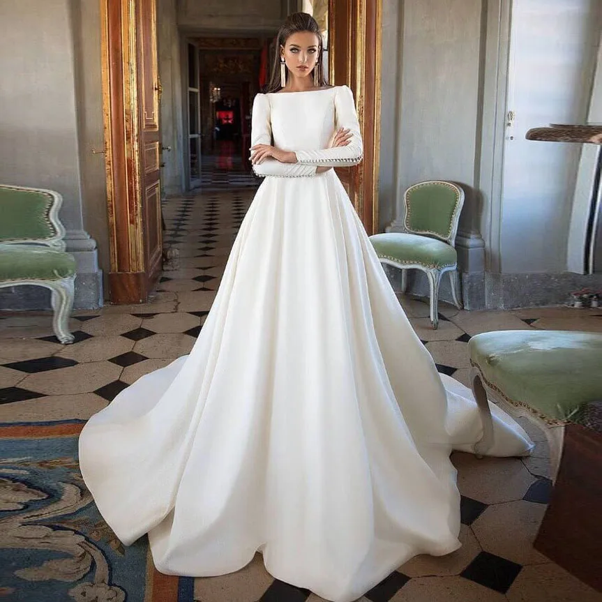 

Elegant Off White Long Prom Gowns 2018 Slash Neck Long Sleeve Evening Party Dress Simple Cheap Bride Dress Zipper Back Custom