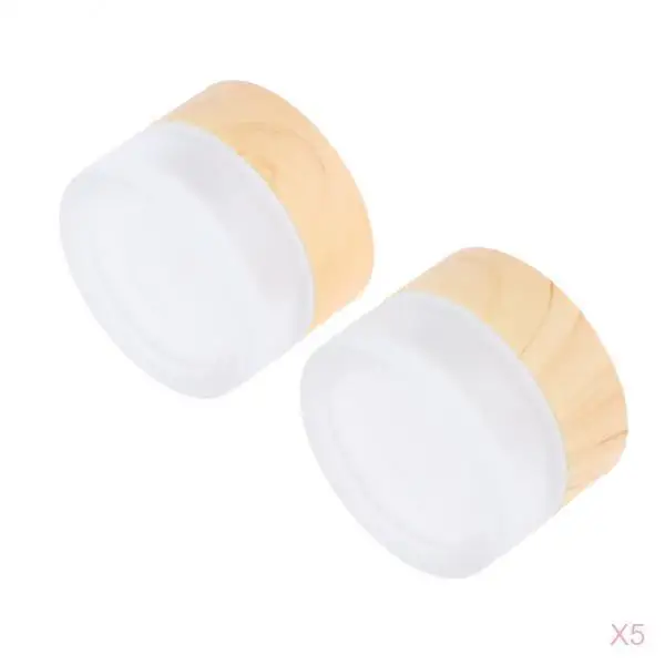 Set of 10, 5g Environmental Wood Texture Lids Frosted Glass Bottles Cream Jars Empty Cosmetic Comtainers w/ Inner Linners