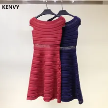 KENVY Brand Women Fashion Luxury Summer Slash Neck Elastic Slim Knitted Short Dress