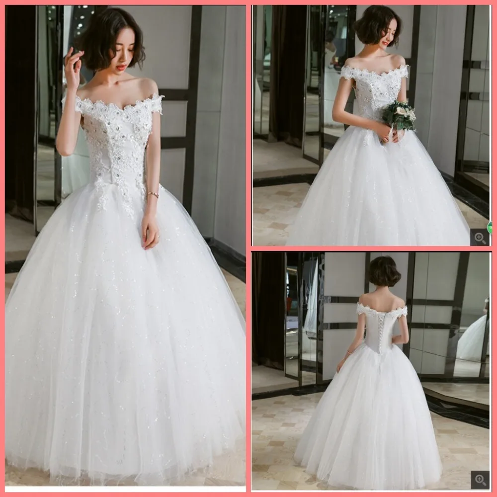 

Vestido De Festa 2019 ball gown white lace appliques beaded wedding dress off the shoulder v neck crystals wedding gowns on sale