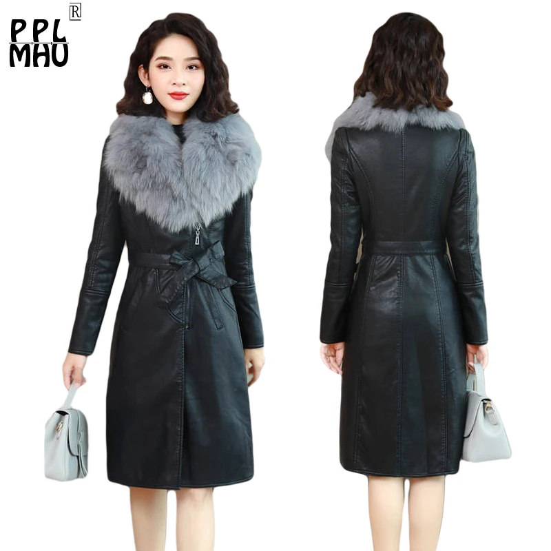 

Winter leather jacket women 2019 NEW plus velvet thick long section new slim large fur collar leather coats black clothing