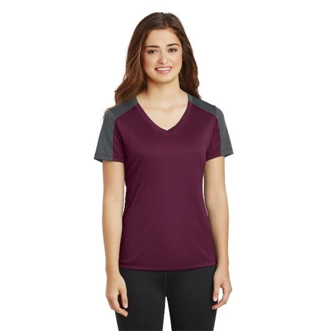 Sport-Tek LST354 Ladies PosiCharge CompetitorSleeve-Blocked V-Neck Tee Maroon & Iron Grey - 4XL