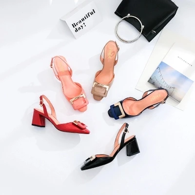 

2018chunji Heels Square Toe Sandals Slippers Nude Heel Block Leather Brand China New Fashion Summer