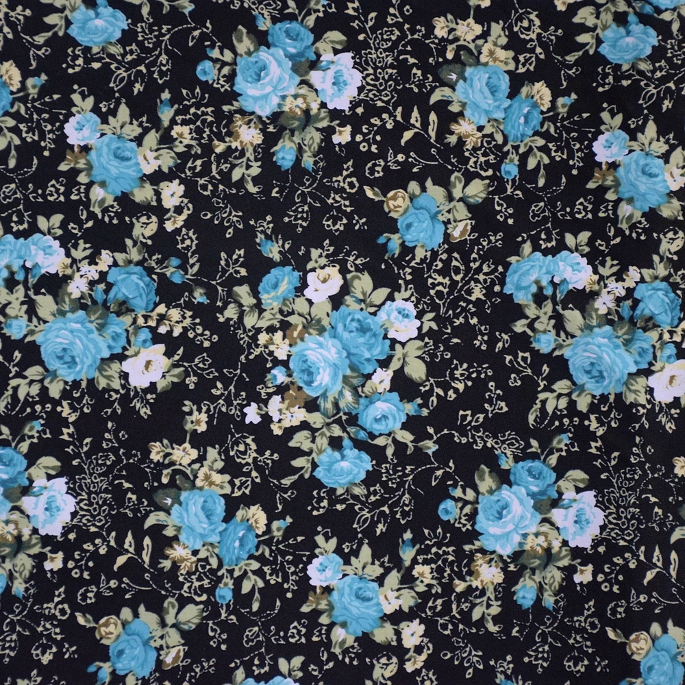 100 cotton fabric , Blue rose printed poplin fabric Flexible black