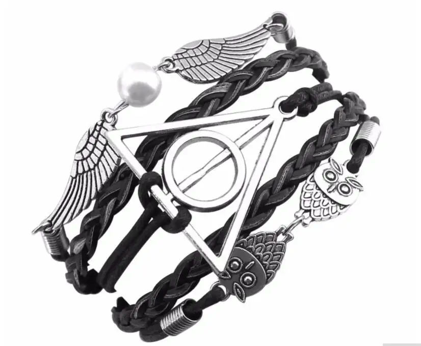 

2018 New Vintage leather rope owl Deathly Hallows bracelets hand weave multilayer retro potter bracelets for women best gift