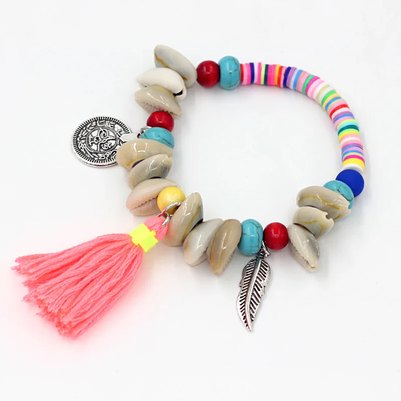 

VONNOR Jewelry Women Summer Colorful Fimo Beads Handmade Bracelets with Tassel Pendant Shell Strand Bracelet for Girl