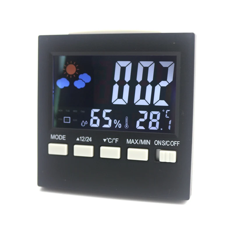 

Digital Thermometer Humidity Black Color Weather Station LCD Backlight Temp Alarm Clock Calendar Meter Sound Control with Indoor