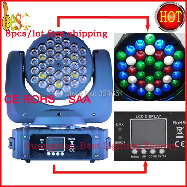

8pcs/lot beam moving head 36*3w RGBW Color moving head light With 11/15 Channels DMX led beam moving head