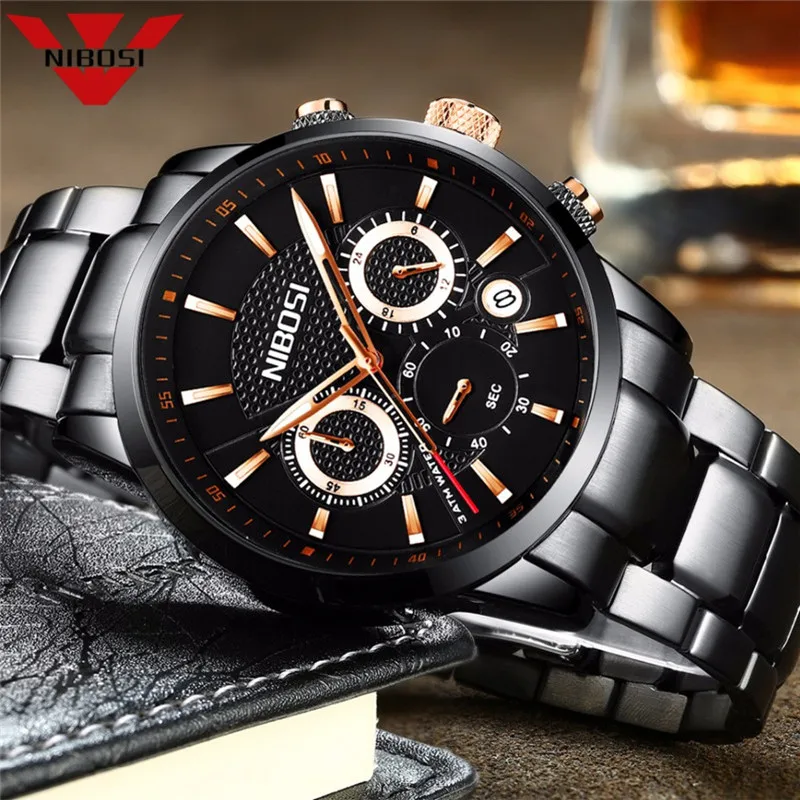 

NIBOSI Men's Luxury Business Quartz Watch Stainless Steel Band Chronograph Waterproof Date Display Analog Male Sport Wristwatch
