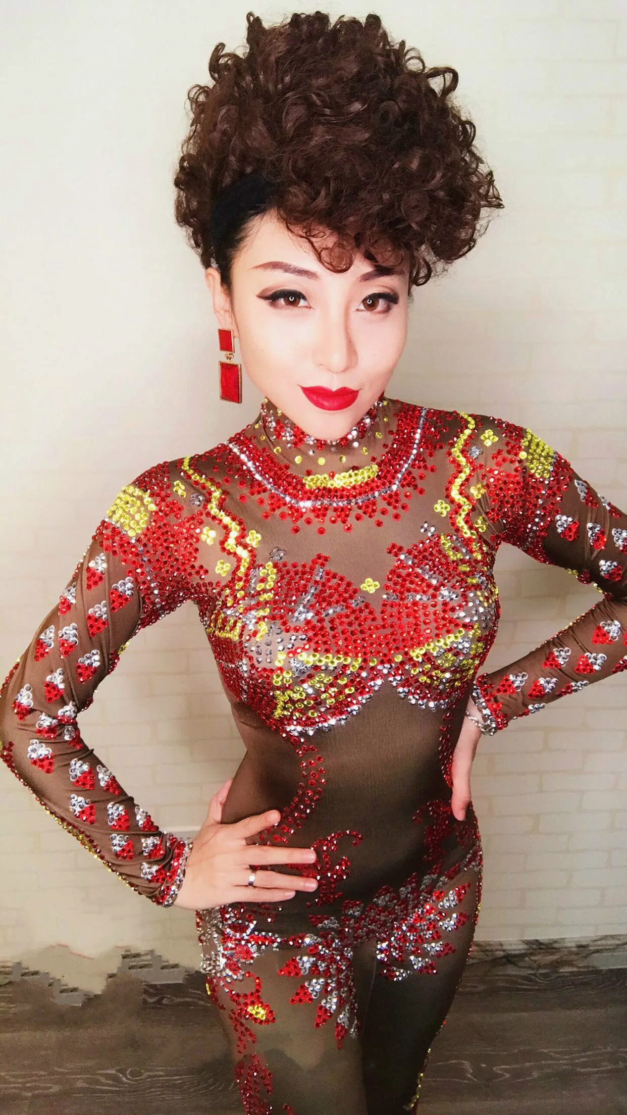 Red Yellow Crystals Stretch Jumpsuit Sexy Bar Dance Wear