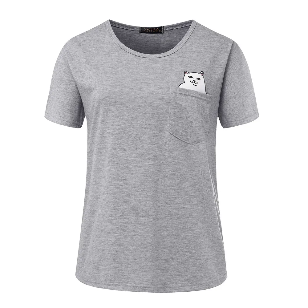 Summer Style T-shirt Women 2017 Casual Lady Top Tees Cotton Tshirt Female Brand Clothing T Shirt Printed Pocket Cat Top Cute Tee (2)