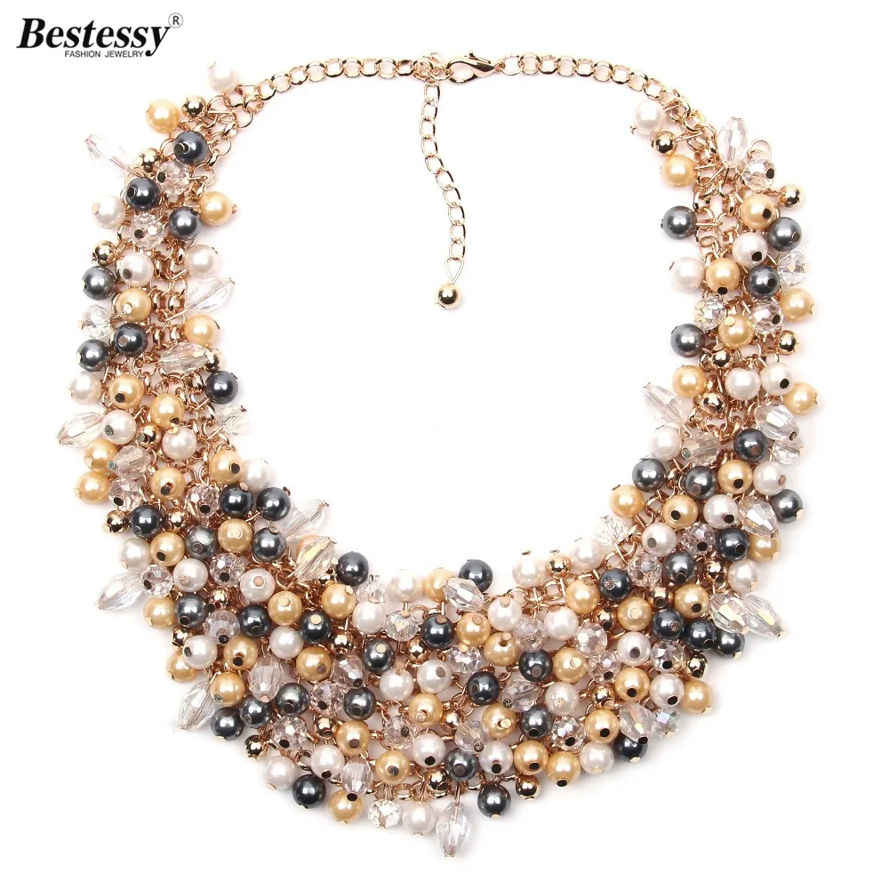 

Bestessy European & American Big Temperament Popular Trendy Palace Simulated Pearl Necklaces & Earrings Set Statement Necklaces