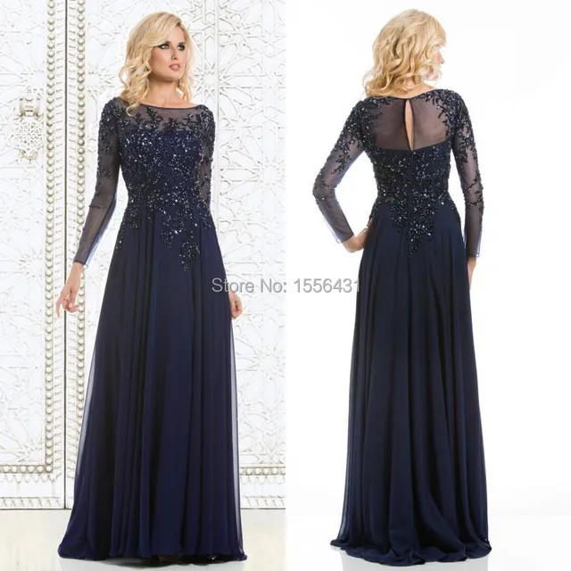 Navy Blue Long Sleeve Evening Dress Lace Beaded Chiffon Navy Blue Long Sleeve Evening Dress Lace Beaded Chiffon Elegant Mother Of The