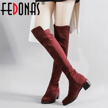 

FEDONAS 2020 Vintage Suede Women Knee High Boots Round Toe High Heels Party Shoes Woman Warm Riding Boots Basic Long Boots