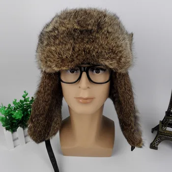 

(TopFurMall) Men Real Rabbit Fur Bomber Hats Leather Cover Winter Warm Caps Fashion Ear Protector Headgear For Lovers LF4047