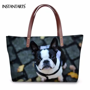 

INSTANTARTS Women Large Tote Bags Cute 3D Animal Boston Terrier Dog Printed Ladies Handbags Brand Designer Travel Top-handle Bag