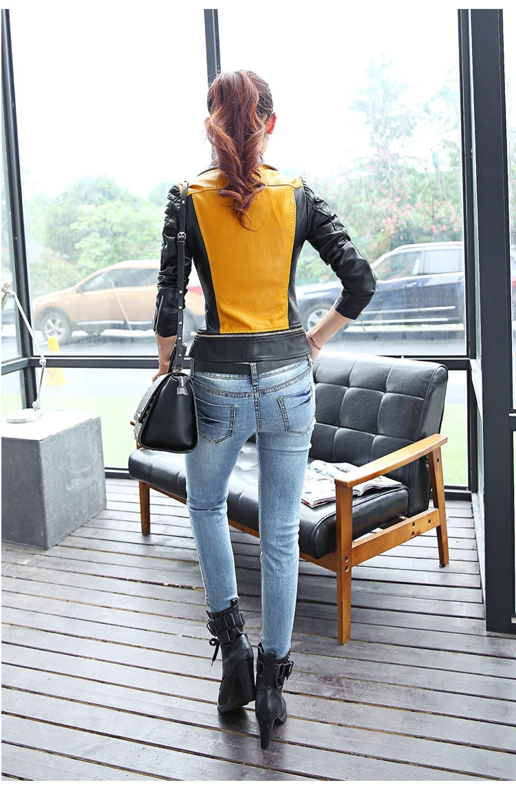 6 sizes PU women leather motorcycle jacket patchwork color spring autumn zipper design women leather jacket coat plus size S-3XL