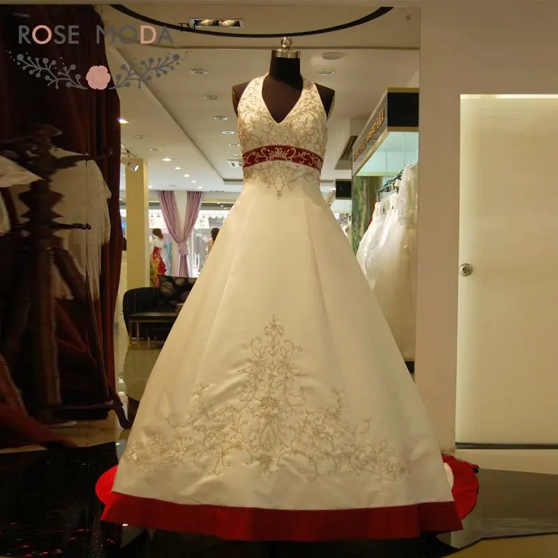 Luxury Embroidery Halter White and Red A Line Wedding Dress 2176 Beaded Embroidery Bridal Gown Vestidos de Noiva Real Photos